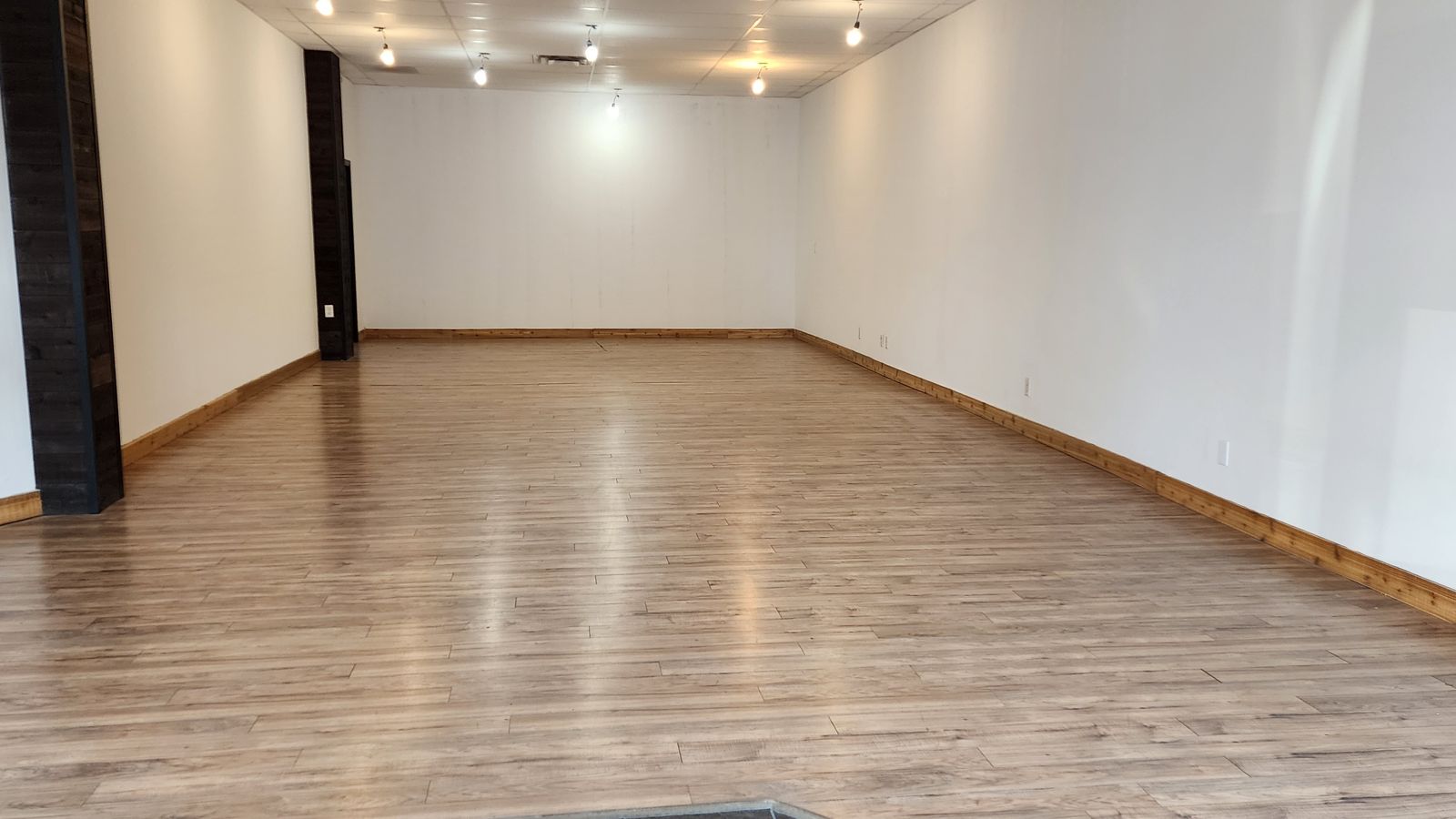 Large open room with pot lights and wood-look flooring